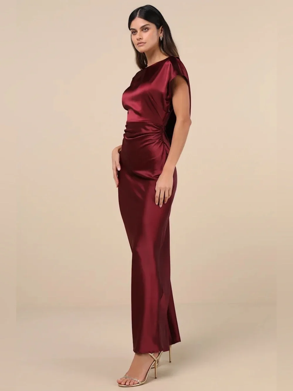 Lulus Captivating Presence Wine Red Satin Cowl Back Maxi Dress - Picture 3 of 8
